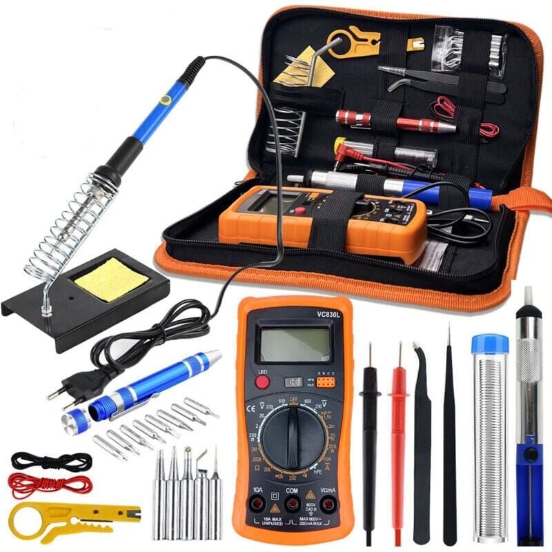Lötkolben-Set, 60-W-Lötset, einstellbare Temperatur 200–450 °C, Multimeter, 5-teilige Lötspitzen, Zinnlötkolben, Lötdrah...
