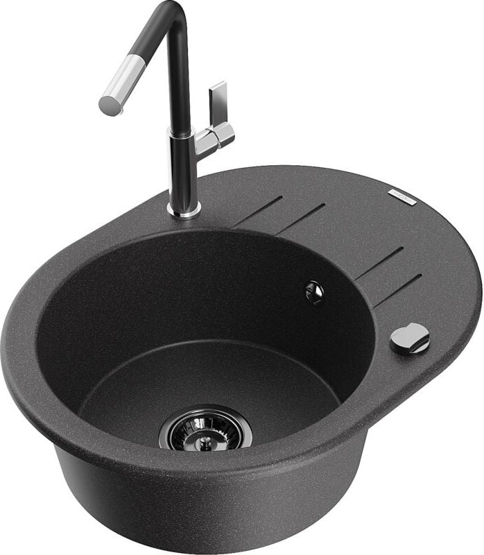 Mexen Kevin 1 Becken-Granitspüle mit Abtropffläche und Mischbatterie Flora, Schwarz gesprenkelt - 65