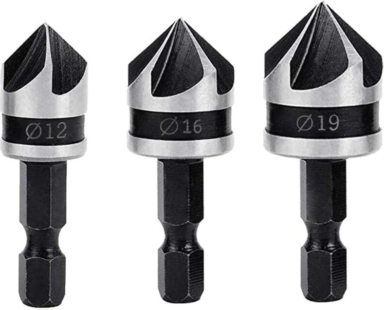 3-teiliges 90-Grad-Fase-Bit-Set, 5 Flöten, 12 mm/16 mm/19 mm, 6,35 mm Sechskantschaft, Karbonstahl, Fasenfräser für Holz