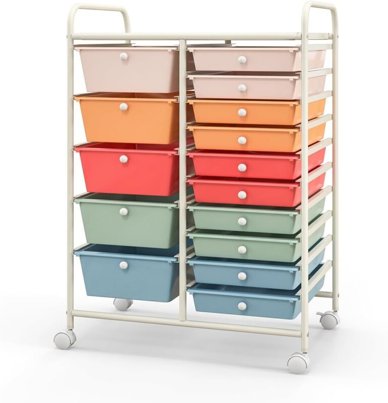 Chariot de Rangement 15 Tiroirs en pp Empilables Amovibles, Tour de Rangement à Roulette, Cadre en Métal, pour École, Bu...