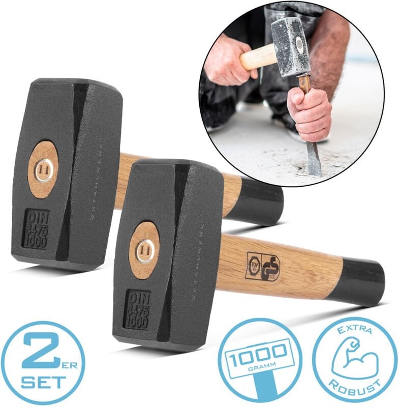 STAHLWERK Fäustel 2er Set 1000g Plattenhammer aus Carbon-Stahl Vorschlaghammer