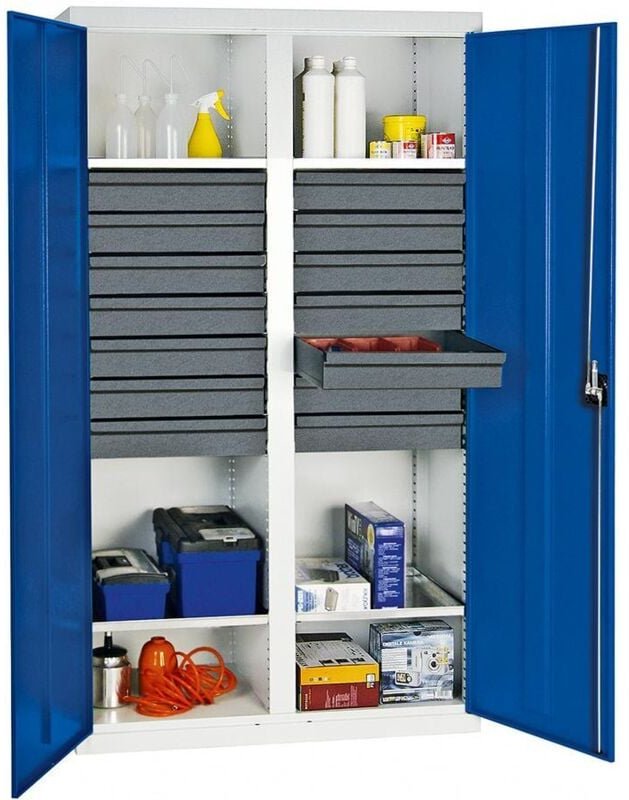 Werkzeug- und Materialschrank Serie 3000 lichtgrau / enzianblau + 14 Schublade 100 mm + Mitteltrennwand + 4 Auszugsböden...