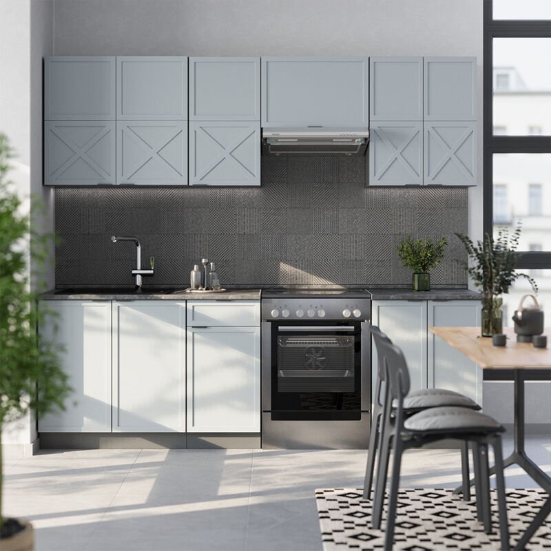 Küchenzeile Fame-Line, Hellblau-grau/Anthrazit, 240 cm , AP Anthrazit, Vicco