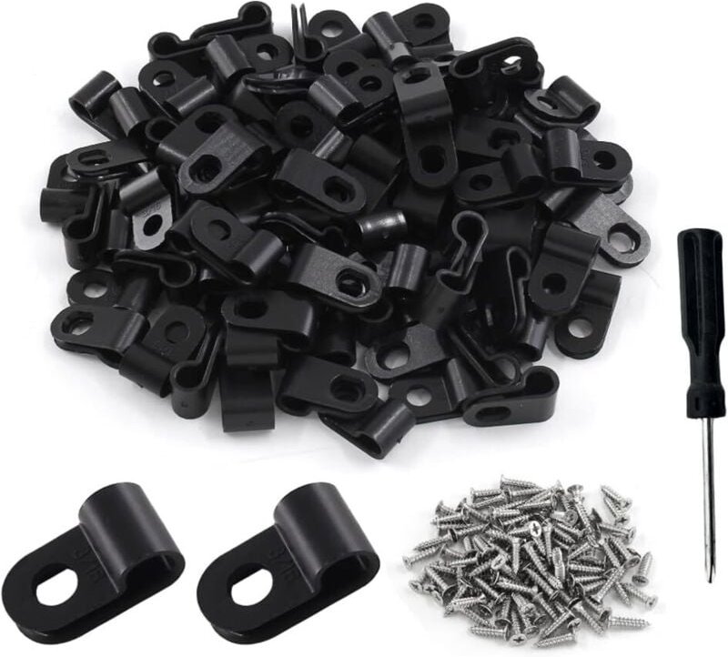 100 Stück 5.3mm (3/16 Zoll) Schwarze Kabelschellen Nylon R-Type Kabelhalter Drahtklemme Kabelklemmen mit Schrauben für B...