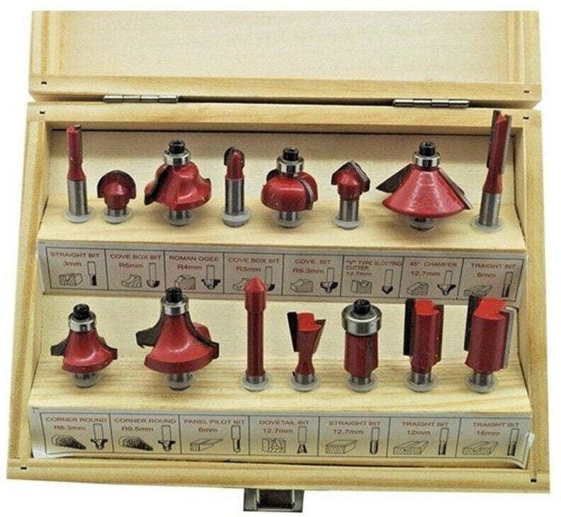 Set 15 Bits Holzfräser zum Nuten, Trimmen, Falzen, Fräsmaschine, 6,35 mm – - Ymyny