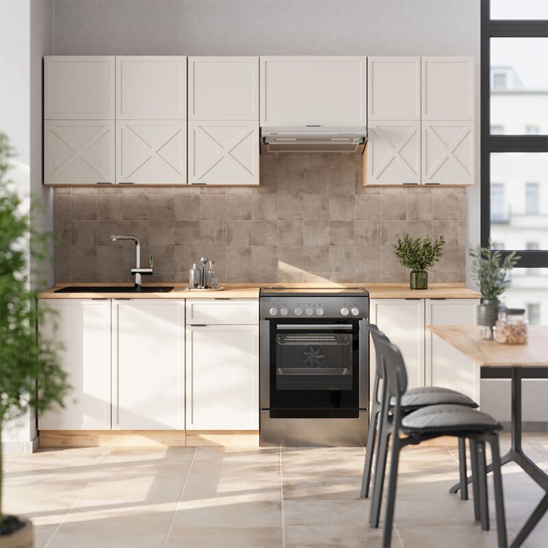 Küchenzeile Fame-Line, GrauBeige/Goldkraft Eiche, 240 cm , AP Anthrazit, Vicco