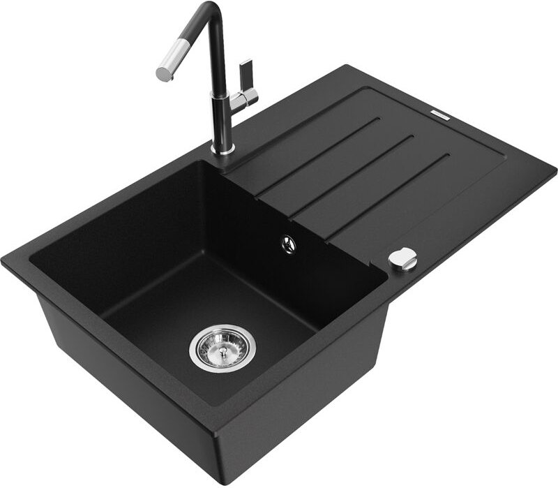 Bruno 1 Becken-Granitspüle mit Abtropffläche und Mischbatterie Flora, Schwarz - 6513-77-670401 - Mexen