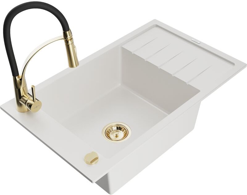 Elias 1 Becken-Granitspüle mit Abtropffl√§che und Mischbatterie Aster, Wei√ü - 6511-20-73450-57-G - Mexen