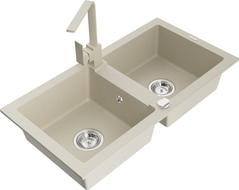 Mario 2-Becken-Granitspüle mit Mischbatterie Rita, Beige - 6504-69-670300-69 - Mexen