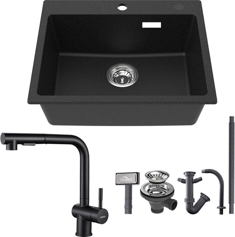 Granitspüle 55 x 45 cm Spülbecken + Hochdruck Ausziehbare Küchenarmatur, für ab 60 cm Unterschrank - Auralum