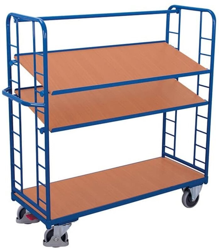 VARIOfit Etagenwagen mit Seiten aus Drahtgitter, Rohrschiebegriff und 2 neigbaren Etagenboden 1650x650mm