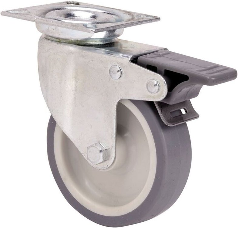 Gummi-Lenkrolle mit Platte, glatter Achse und Feststeller, grau, max. Tragkraft 40 kg, ø 5 cm