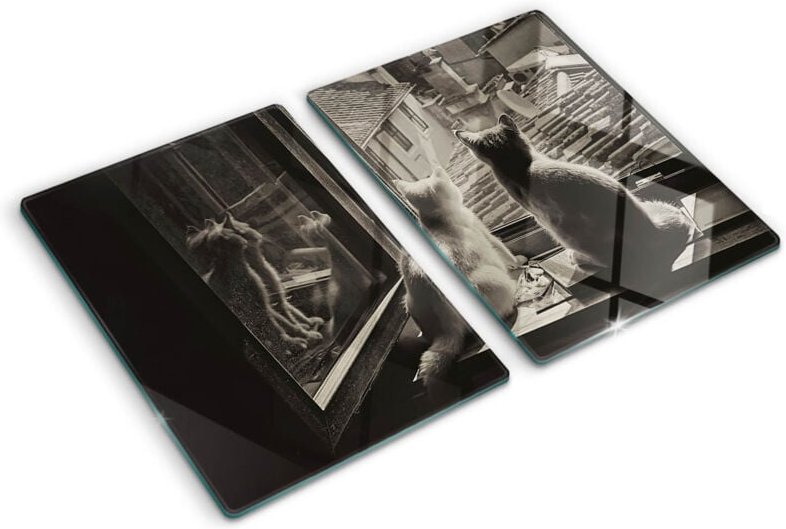 Glasschneideplatten - Schneidebrett aus Glas - Herdabdeckplatten - Gehärtetes Glas – 2x40x52 cm (2er Set) - Katzen im Fe...