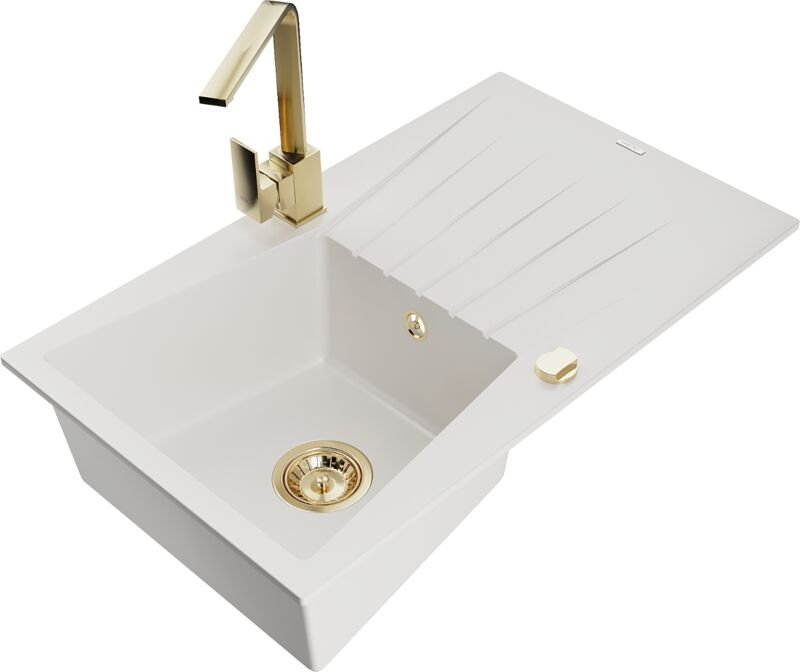 Cesar 1 Becken-Granitspüle mit Abtropffläche und Mischbatterie Rita, Weiß - 6514-20-670300-50 - Mexen