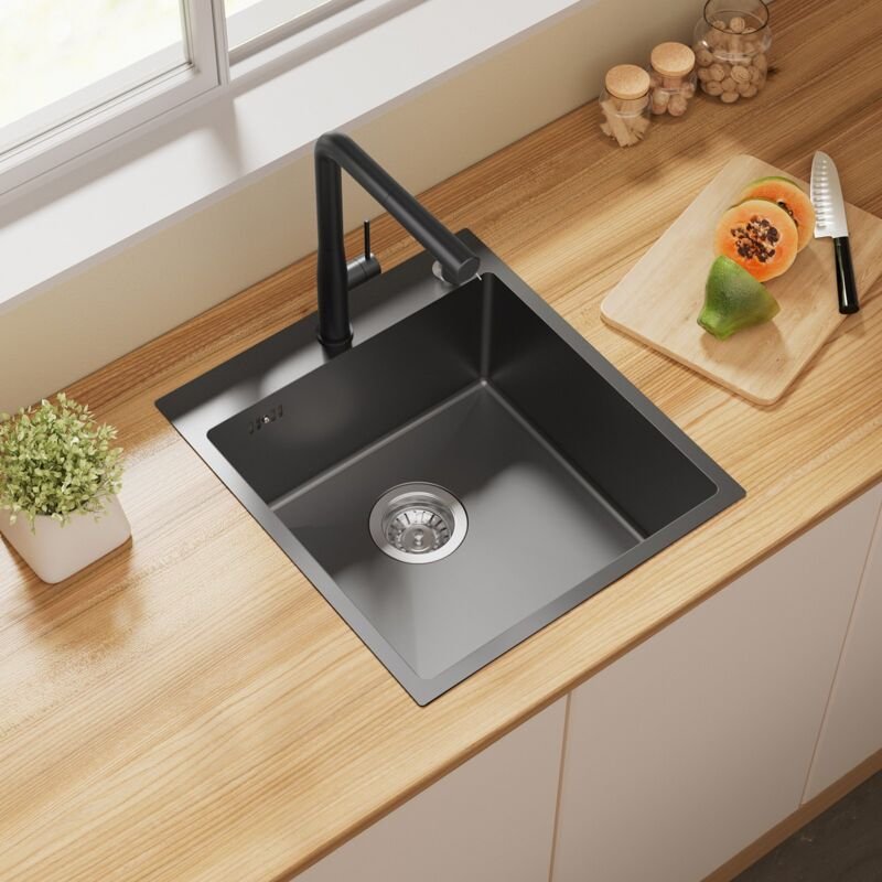 Auralum Küchenspüle 44 x 49 cm Edelstahl Waschbecken Einbauspüle Spülbecken mit 2 Montagelöcher + Ablaufgarnitur + Seife...