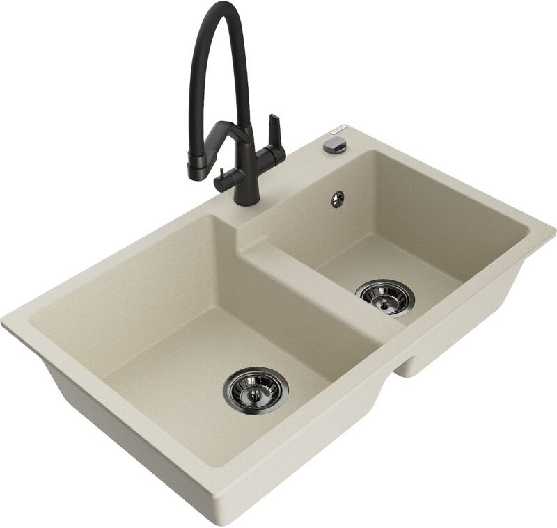 Mexen Tomas 2-Becken-Granitspüle mit Mischbatterie Duo, Beige - 6516-69-671701-70-B