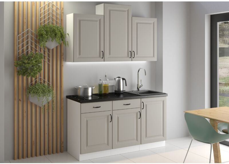 FURNIX Küchenmöbel-Set Eckküche Ariatte 150 cm mit Hängeschränken Hellgrau Weiß