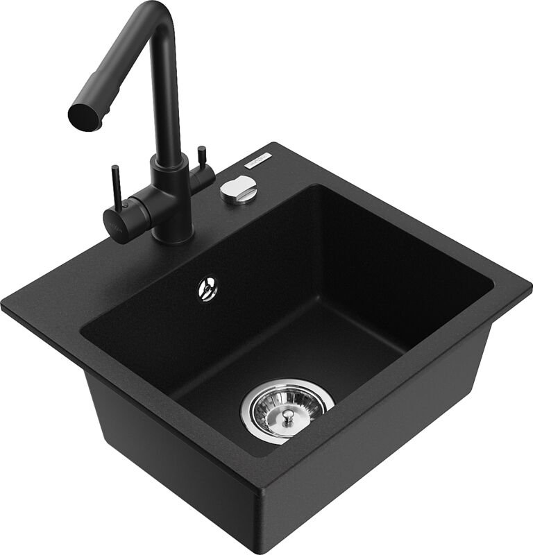 Milo 1-Becken-Granit-Spüle mit Mischbatterie Duero, Schwarz - 6505-77-671600-70 - Mexen