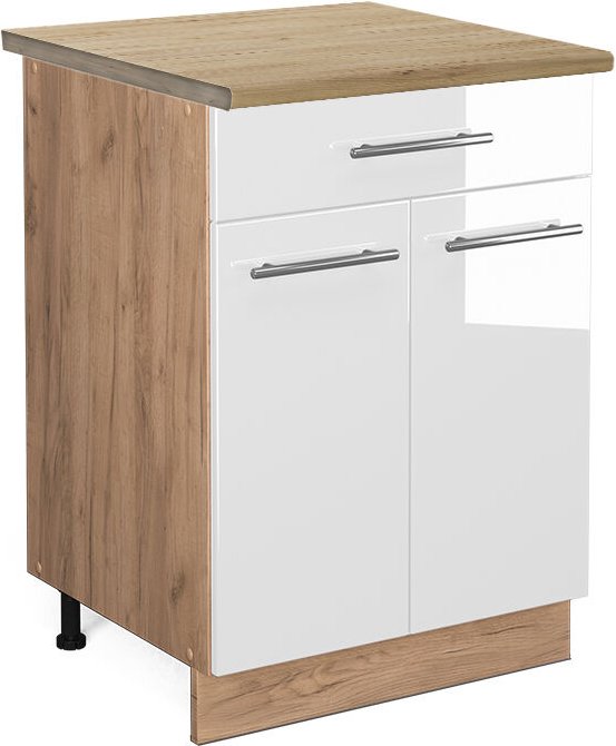 Vicco - Küchenunterschrank Fame-Line, Weiß Hochglanz, 60 cm mit Schublade, ap Eiche