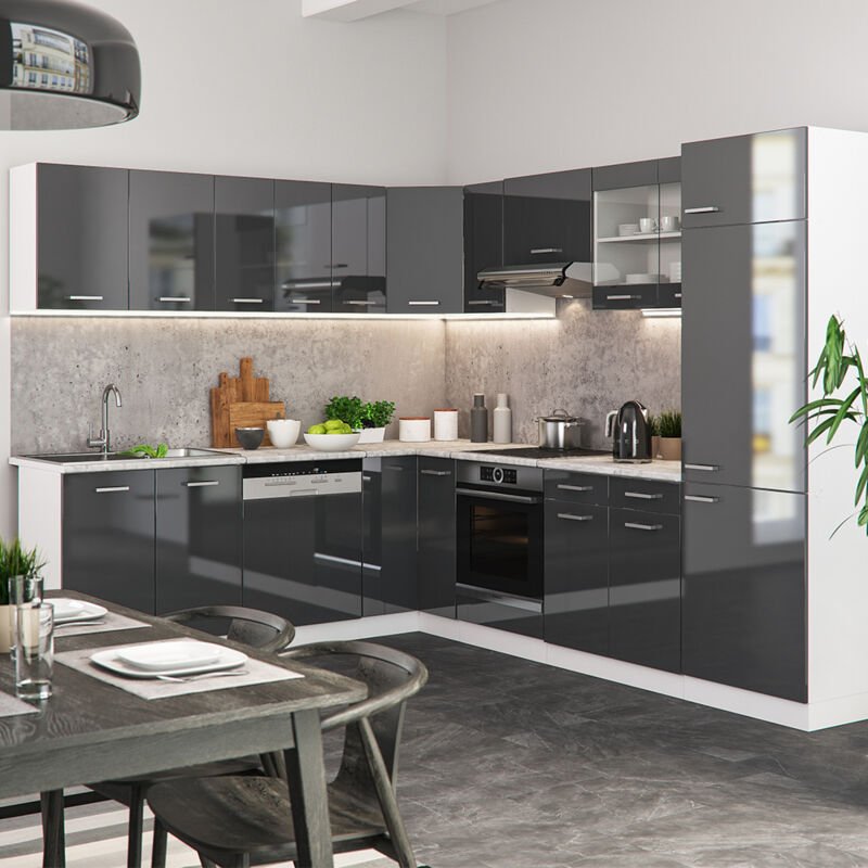 Vicco - Eckküche R-Line, Anthrazit Hochglanz/Weiß, 227 x 287 cm , ap Marmor