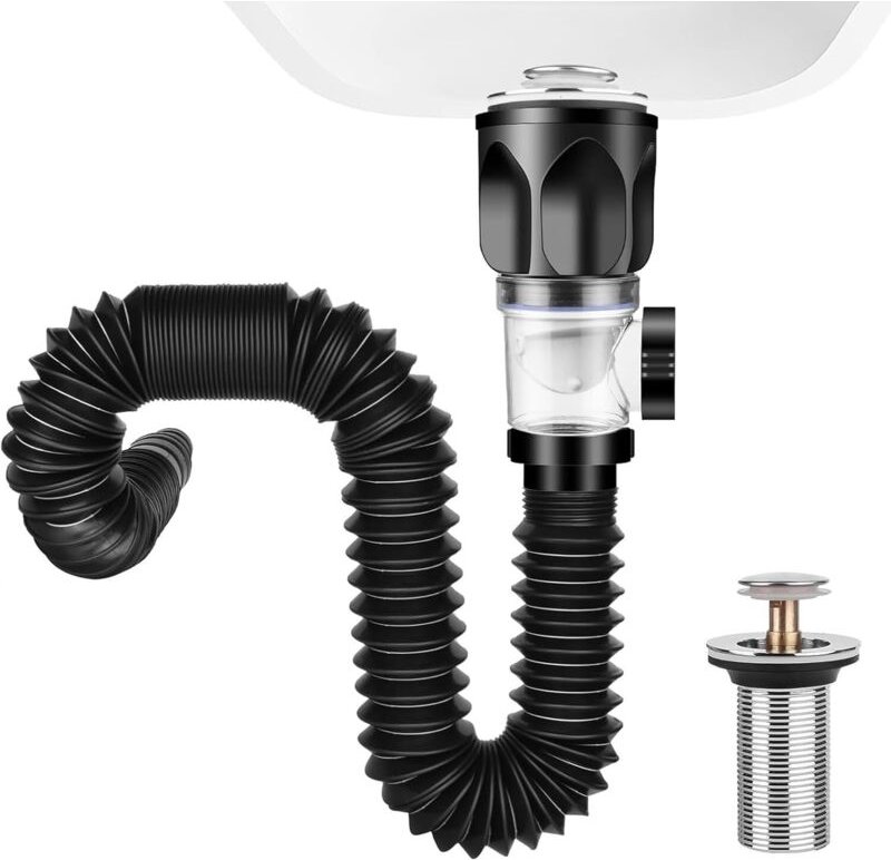 Sjqka - Waschbeckenstöpsel-Set, 300–1000 mm, einziehbarer Siphon, Waschbeckenablauf mit flexiblem Stöpsel und Pop-up-Sie...