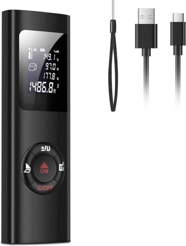 60 m Laser-Entfernungsmesser, tragbar, digital, misst Entfernung, Fläche, Volumen, Pythagoras-Funktion, IP54, LCD-Hinter...
