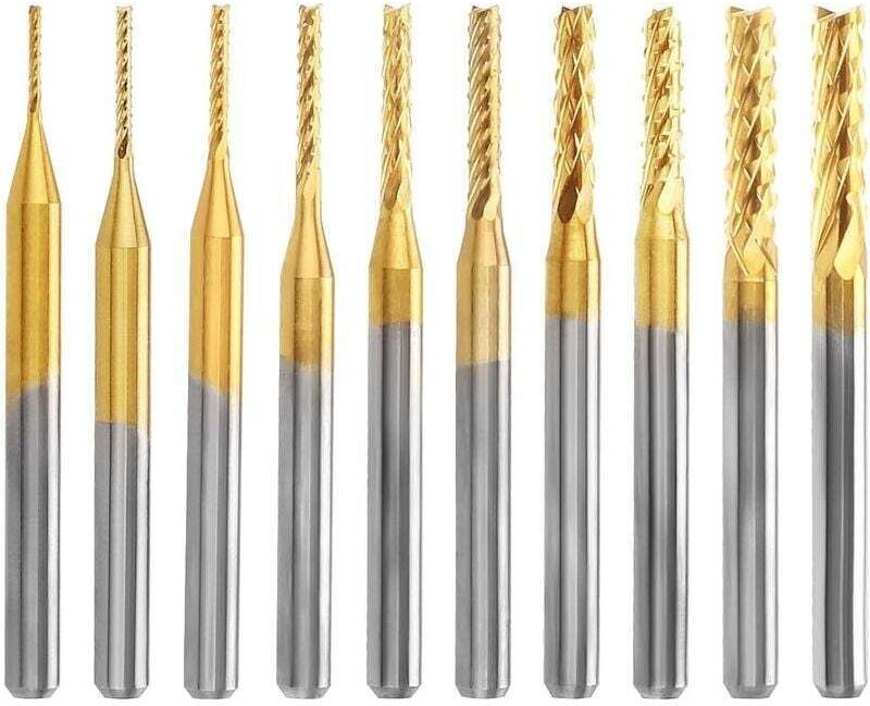 10-teiliges Titanbeschichtetes Hartmetall-Schaftfräser-Set für CNC-Gravur, 0,8–3,175 mm