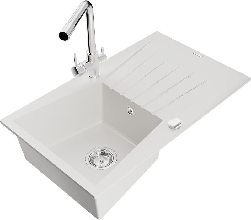 Cesar 1 Becken-Granitspüle mit Abtropffl√§che und Mischbatterie Duero, Wei√ü - 6514-20-671600-00 - Mexen