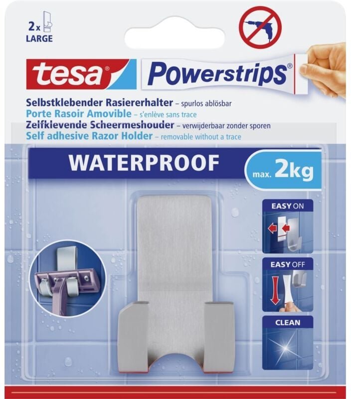 Powerstrips Waterproof Rasiererhalter Zoom, Metall - Selbstklebender Rasiererhalter aus Edelstahl für Dusche und Bad - T...