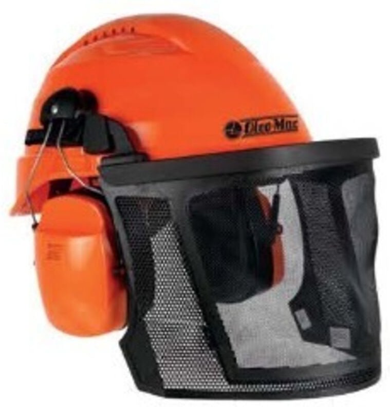 Schutzhelm mit Drahtgittervisier und verstellbaren OLEOMAC-Gehörschutzkapseln