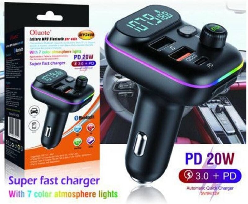 Trade Shop Traesio - Trade Shop - bluetooth-auto-fm-sender, 2 usb-anschlüsse, led, tf, pd, 20 w, rgb, MP3-PLAYER, MY2408...