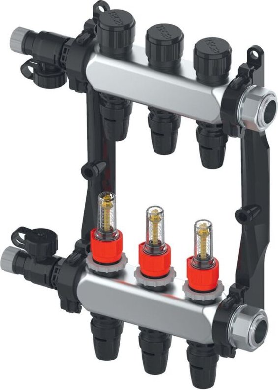 Tece - floor Edelstahl-Heizkreisverteiler 4, Typ Logo slq, mit Durchflussanzeige, 1' Innengewinde flachdichtend