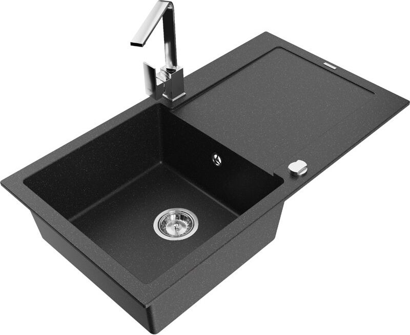 Leo 1 Becken-Granitspüle mit Abtropffläche und Mischbatterie Rita, Schwarz/Silbermetallic - 65 - Mexen