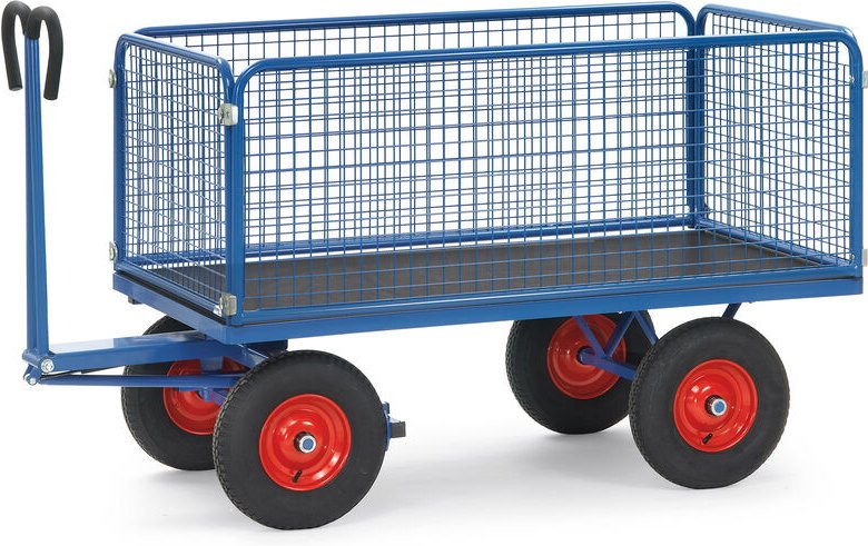 Fetra Handpritschenwagen mit Drahtgitterwänden 600 mm hoch, Luft-Bereifung, 1600x900 mm