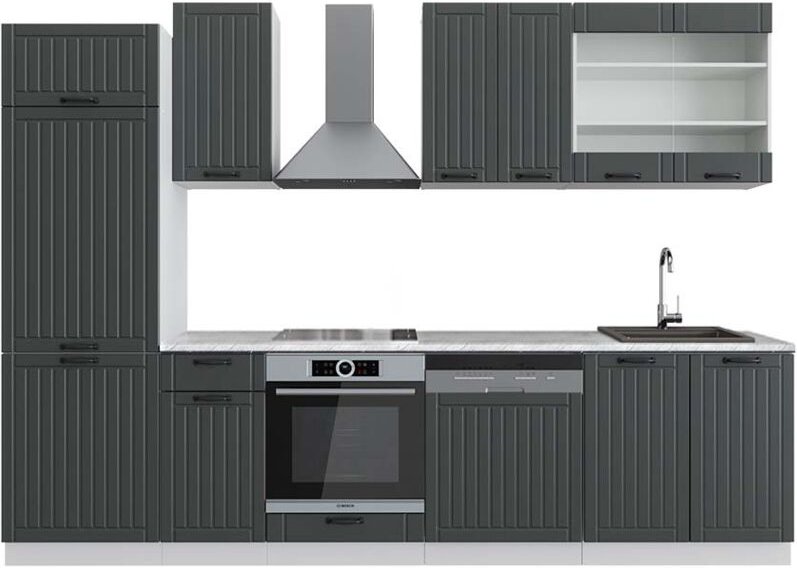 Küchenzeile Fame-Line, Anthrazit Landhaus/Weiß, 300 cm , AP Marmor, Vicco