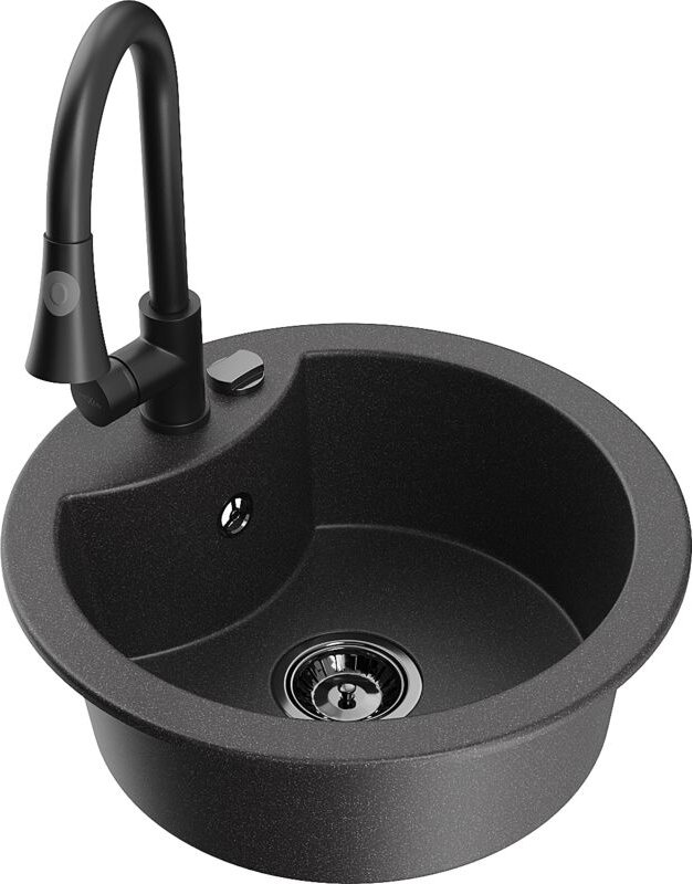 Diego 1-Becken-Granit-Spüle mit Mischbatterie Elia, Schwarz gesprenkelt - 6512-76-670101-70-B - Mexen