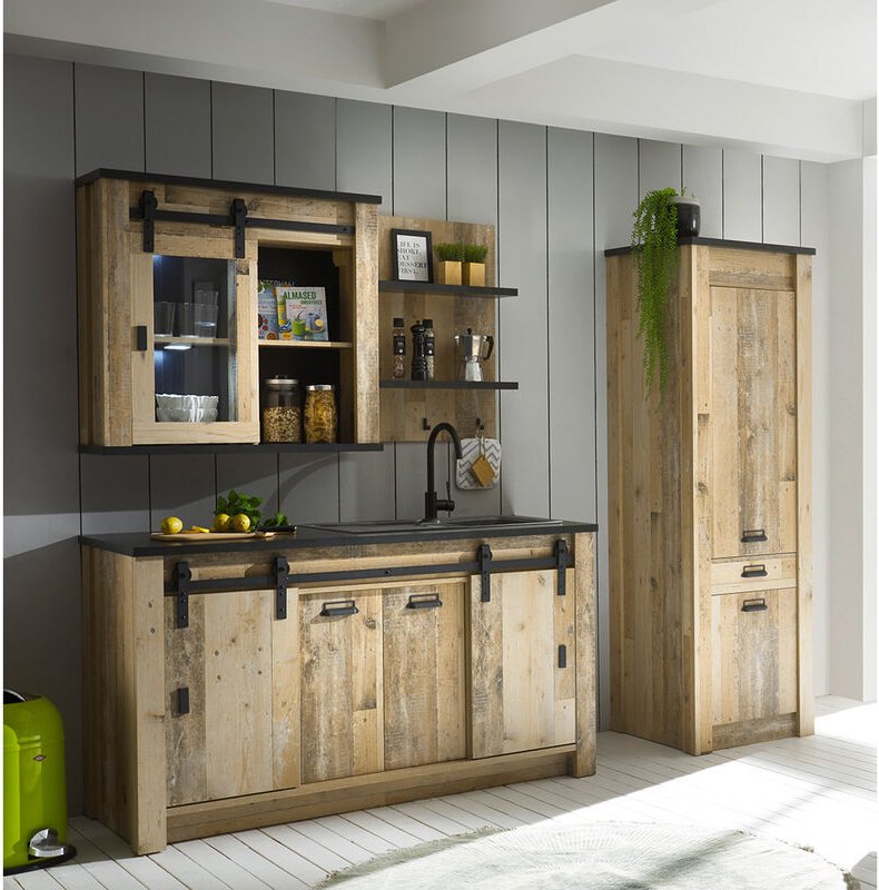 Küchen Set inkl. Hängeschrank mit Scheunentorbeschlag SHELTON-61 in Old Style hell Nb. mit anthrazit