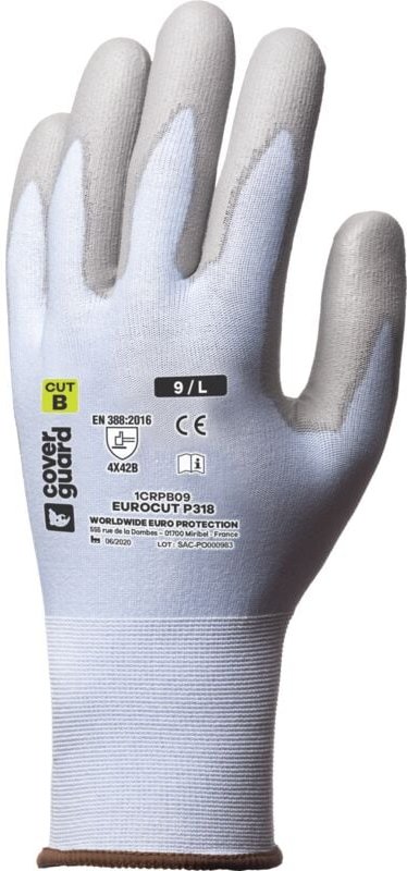 Set aus 5 Paar Schnittschutzhandschuhen EUROCUT P318 – PU-Beschichtung Blau, Größe 10