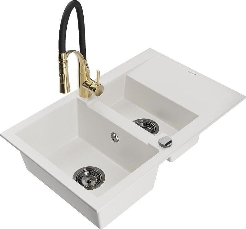 Gaspar 1,5-Becken-Granitspüle mit Abtropffl√§che und Mischbatterie Aster, Wei√ü - 6507-20-73450-57-B - Mexen