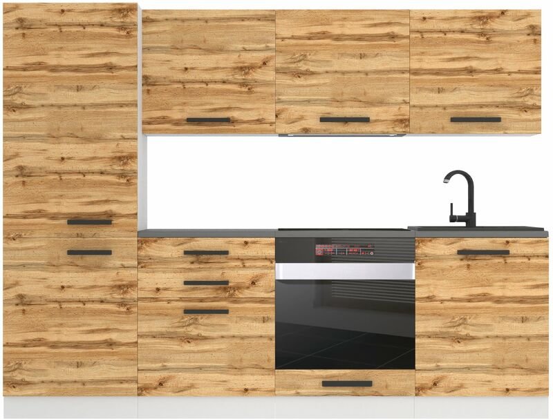 Küchenzeile Küchenblock Sandy - Küchenmöbel 240 cm Einbauküche Vollausstattung ohne Elektrogeräten mit Hängeschränke und...