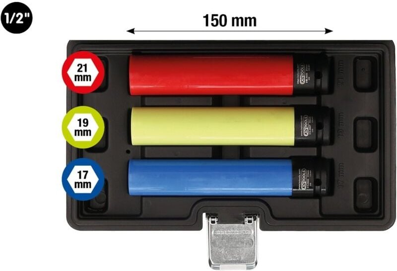 KS Tools Alu-Felgen Kraft-Stecknuss-Satz, extra lang, 3-tlg, 1/2, 17, 19, 21 mm