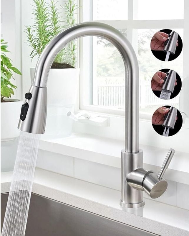 Shining House - Küchenarmatur mit herausziehbarer Brause, 360° drehbarer hoher Auslauf, 2 Strahlarten, Hochdruck-Einhebe...