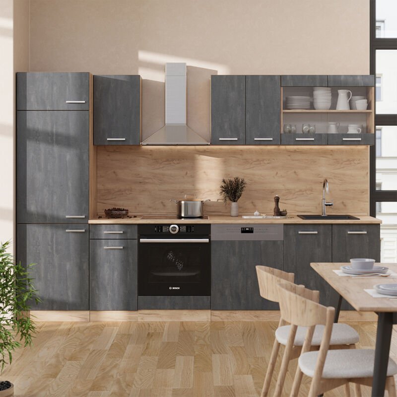 Thumbnail - Vicco - Küchenzeile R-Line, Schwarz Beton/Goldkraft Eiche, 300 cm ap Anthrazit