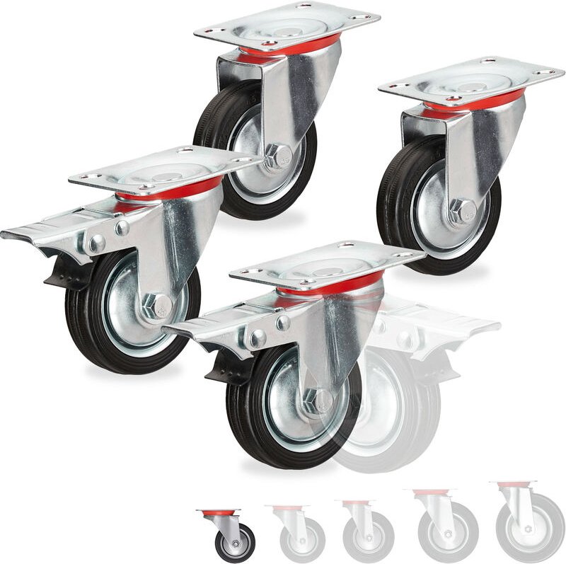 Relaxdays - Schwerlastrollen 4er Set, drehbar, Kugellager, 2 Rollen mit Bremse, Tragkraft bis 200kg, Rad d: 75 mm, schwa...