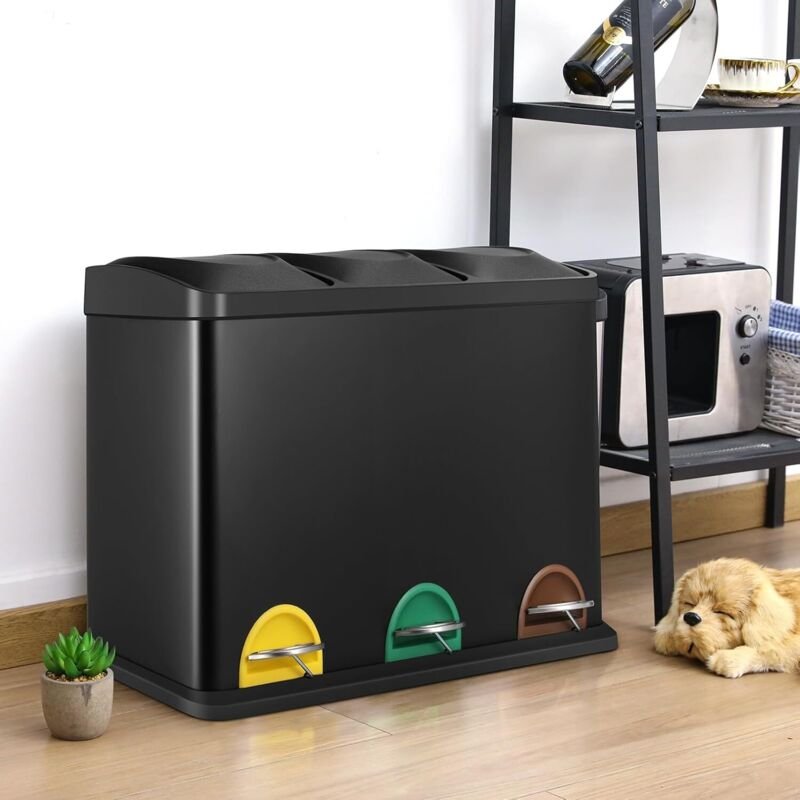 Liferun - 45 Liter Mülleimer mit Deckel, 3-Fach Recyclingeimer, Wertstofftonne, Küchenmülleimer, Treteimer - Schwarz