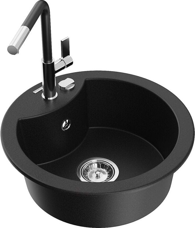 Diego 1-Becken-Granitspüle mit Mischbatterie Flora, Schwarz - 6512-77-670401-07 - Mexen