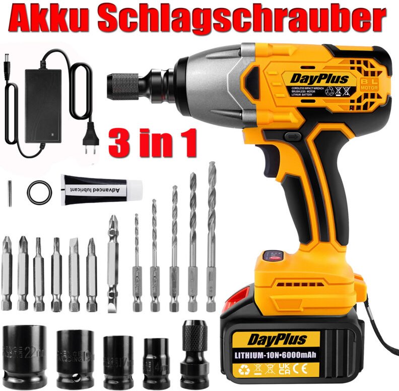 Dayplus - 3 in 1 Akku-Schlagbohrschrauber 3000W Akkuschrauber Set in Koffer Mit 1X Akkus