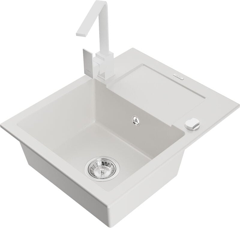 Enzo 1 Becken-Granitspüle mit Abtropffläche und Mischbatterie Rita, Weiß - 6506-20-670300-20 - Mexen