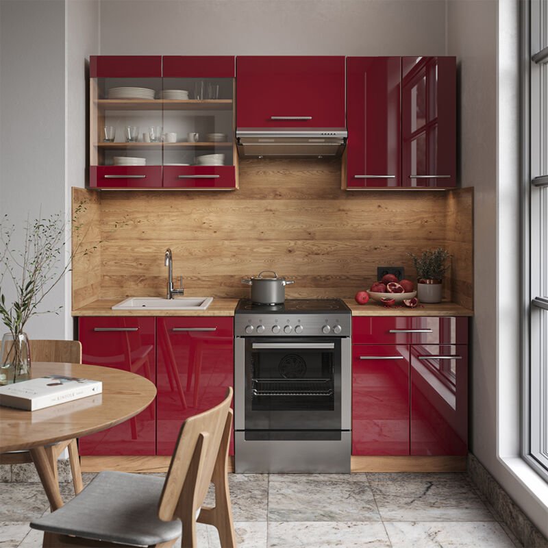 Vicco - Küchenzeile Fame-Line, Bordeaux Hochglanz/Goldkraft Eiche, 200 cm , ap Anthrazit