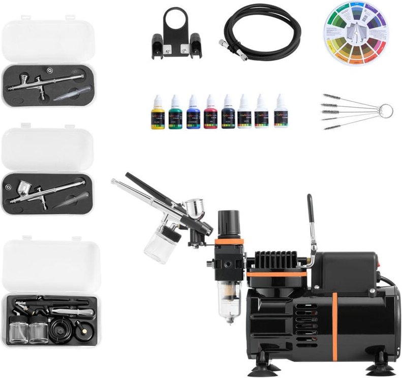 Mophorn Airbrush-Set 1/6 PS mit Luftkompressor, 3 Dual-Action-Pistolen mit Düsen (0,3/0,3/0,8 mm), Schlauch, Acrylfarben...